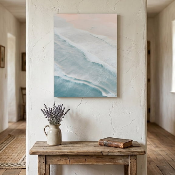 Ships Next Day Canvas Wall Art 8"x12", Beach Blue Wood Framed Canvas Print Painting, Gradient Ocean Waves Seashore Sunset Ready to Hang Small Picture Wall Decor for Home Hallway Bathroom Bedroom
