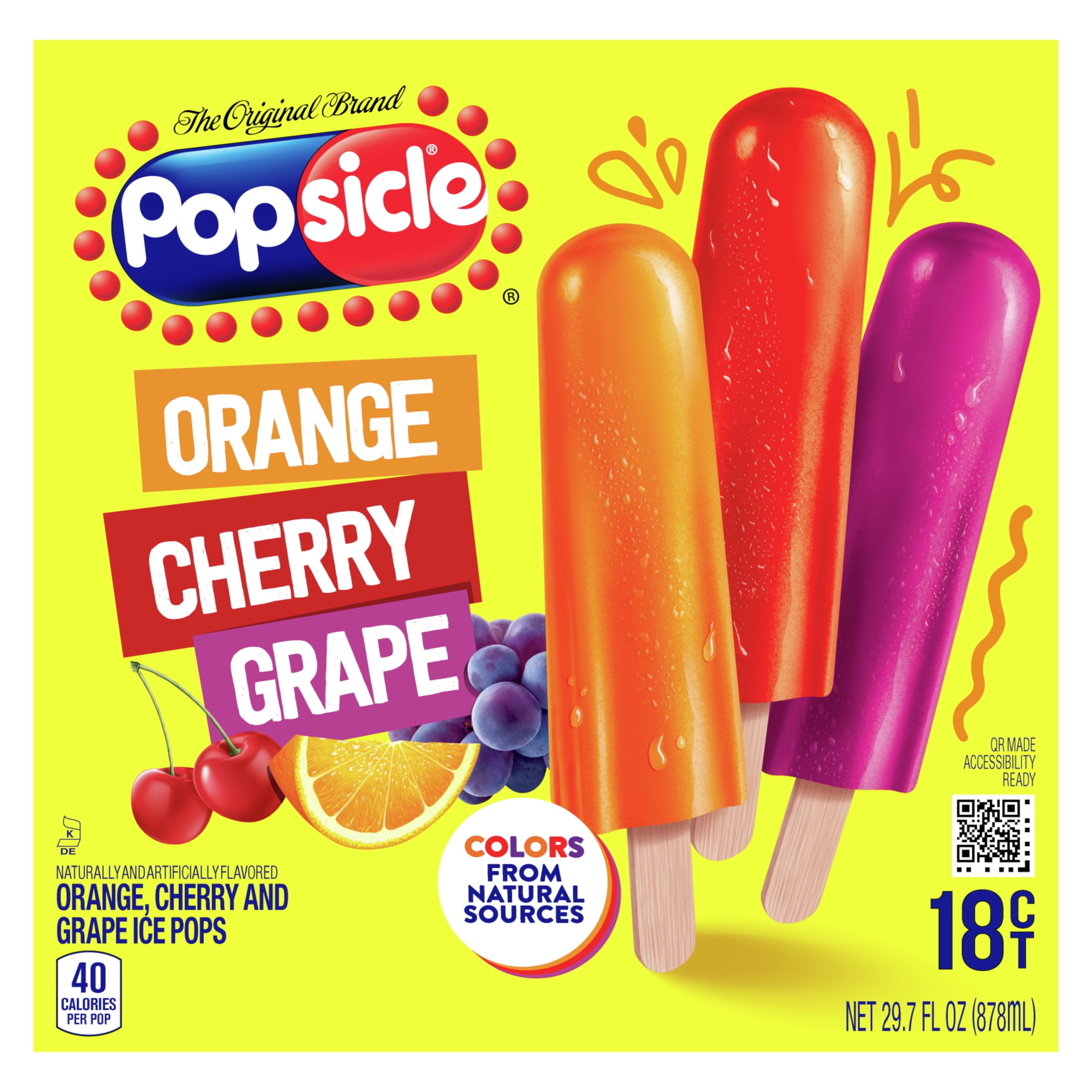Popsicle Orange Cherry Grape Ice Pops 40 Calories, 18 Count