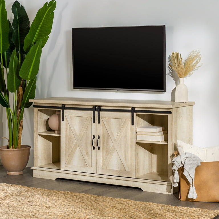 Woven Paths Sliding Farmhouse Barn Door Tv Stand For Tvs Up To 65 White Oak Brown Com Sliding Farmhouse Barn Door Tv Stand, Sliding Barn Door Tv Cover Pottery