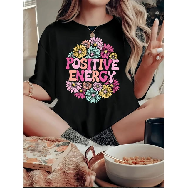 Camisetas para mujer, de verano, casual, manga corta, cuello redondo, con estampado, color blanco negro, blusaWomen'S Positive Energy Floral Print T-Shirt, Casual Crew Neck Short Sleeve Tee, Comfort