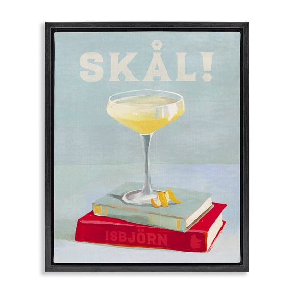 Stupell Industries Skal Cocktail & Bookstack Food & Beverage Painting Black Floater Framed Canvas Art Print Wall Art, 17 x 21
