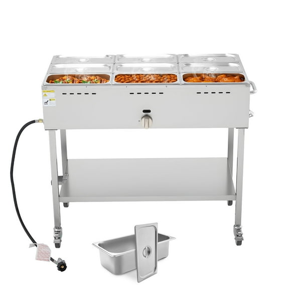 KFFKFF 9-Pan Commercial Propane Steam Table, LP Gas Outdoor Food Warmer with Drain Valve and 3" Wheels, Stainless Steel Construction with Adjustable Temperature, Ideal for Restaurants