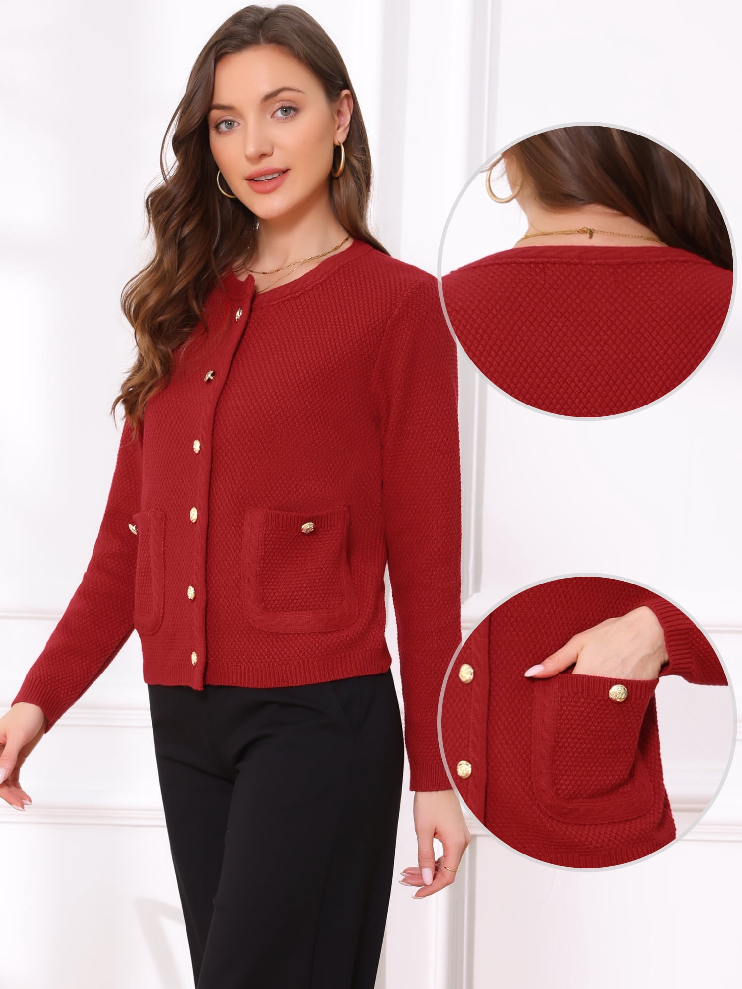 DARING DIVA Sweaters Collarless Button Up Dressy Chunky Knit Cardigan XL Red