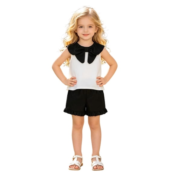 Bobifish Toddler Girls Outfit Sets Sleeveless Bowknot Vest Ruffle Hem Shorts Outfits Holiday Vacation Children Girls Sets