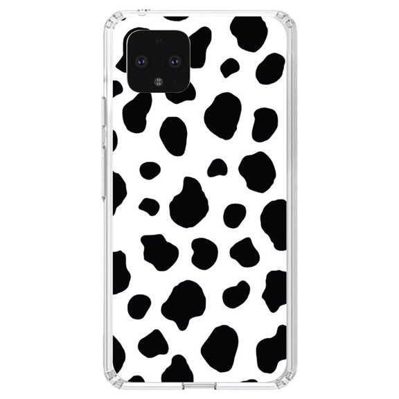 DistinctInk Clear Shockproof Hybrid Case for Google Pixel 4 (5.7" Screen) - TPU Bumper, Acrylic Back, Tempered Glass Screen Protector - Black White Cow Dalmatian Spots - Animal Print