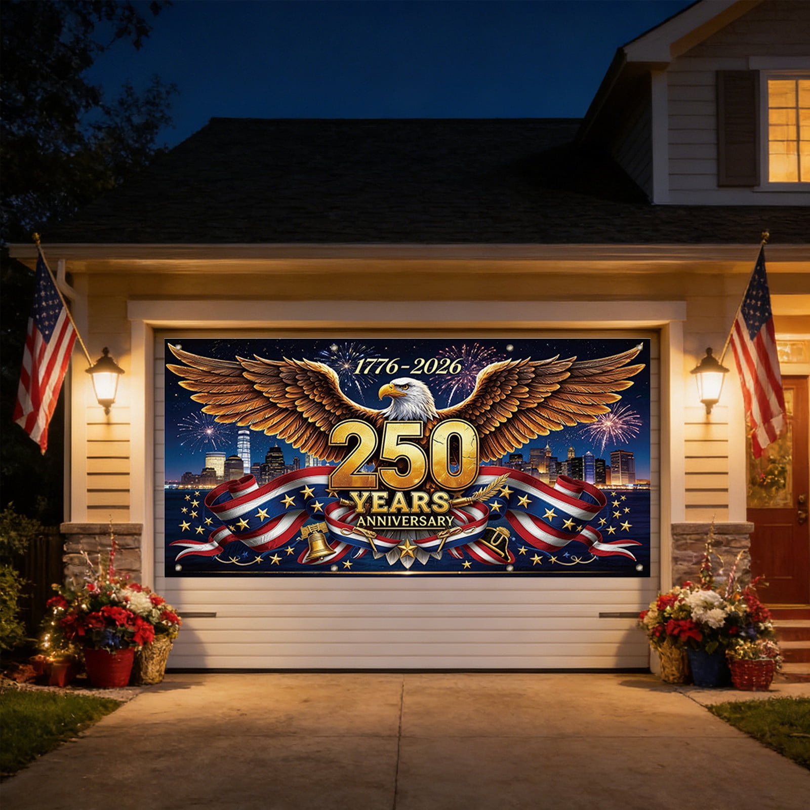 157.4X72.8 In 250Th Usa Anniversary Patriotic Garage Door Cover Bird Flag 4Th Of July Decor