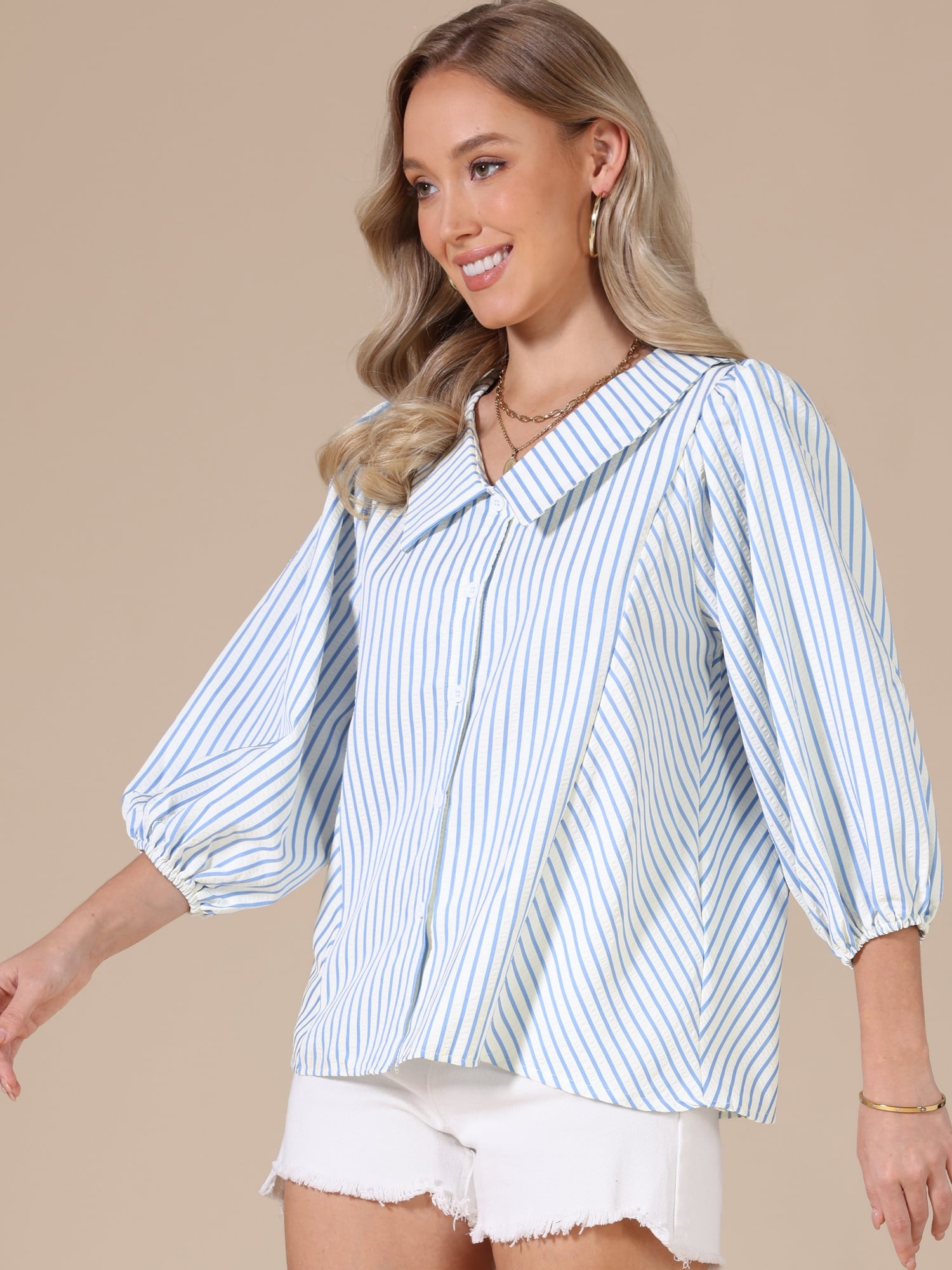DARING DIVA Women's Button Down Striped Dressy Blouse Ruffled Sleeve S Blue