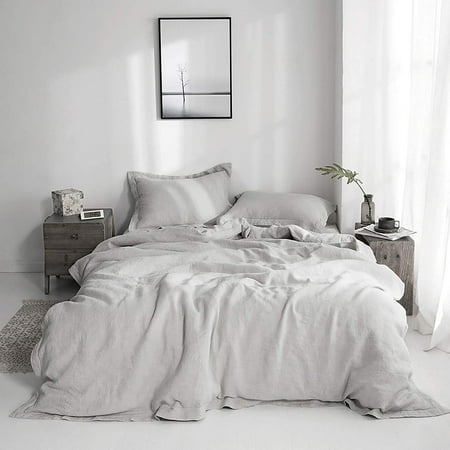 100% Washed Linen Duvet Cover with Embroidered,Queen Size(88"x 92"),3  Pieces Soft Comforter Set with Button Closure,1 Duvet Cover and 2  Pillowshams(Light Grey) | Walmart Canada