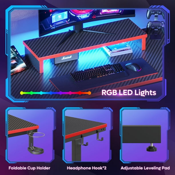 Bestier 42 Gaming Desk PC Computer Office Gamer Table Desk with LED Lights Monitor Stand in Red