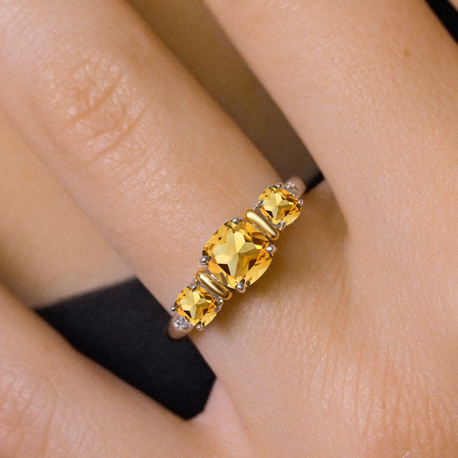Gem Stone King 925 Sterling Silver and 10K Yellow Gold Yellow Citrine 3 Stone Engagement Ring for Women (1.53 Cttw, Cushion Cut 6MM and 4MM, Available in Size 5, 6, 7, 8, 9)