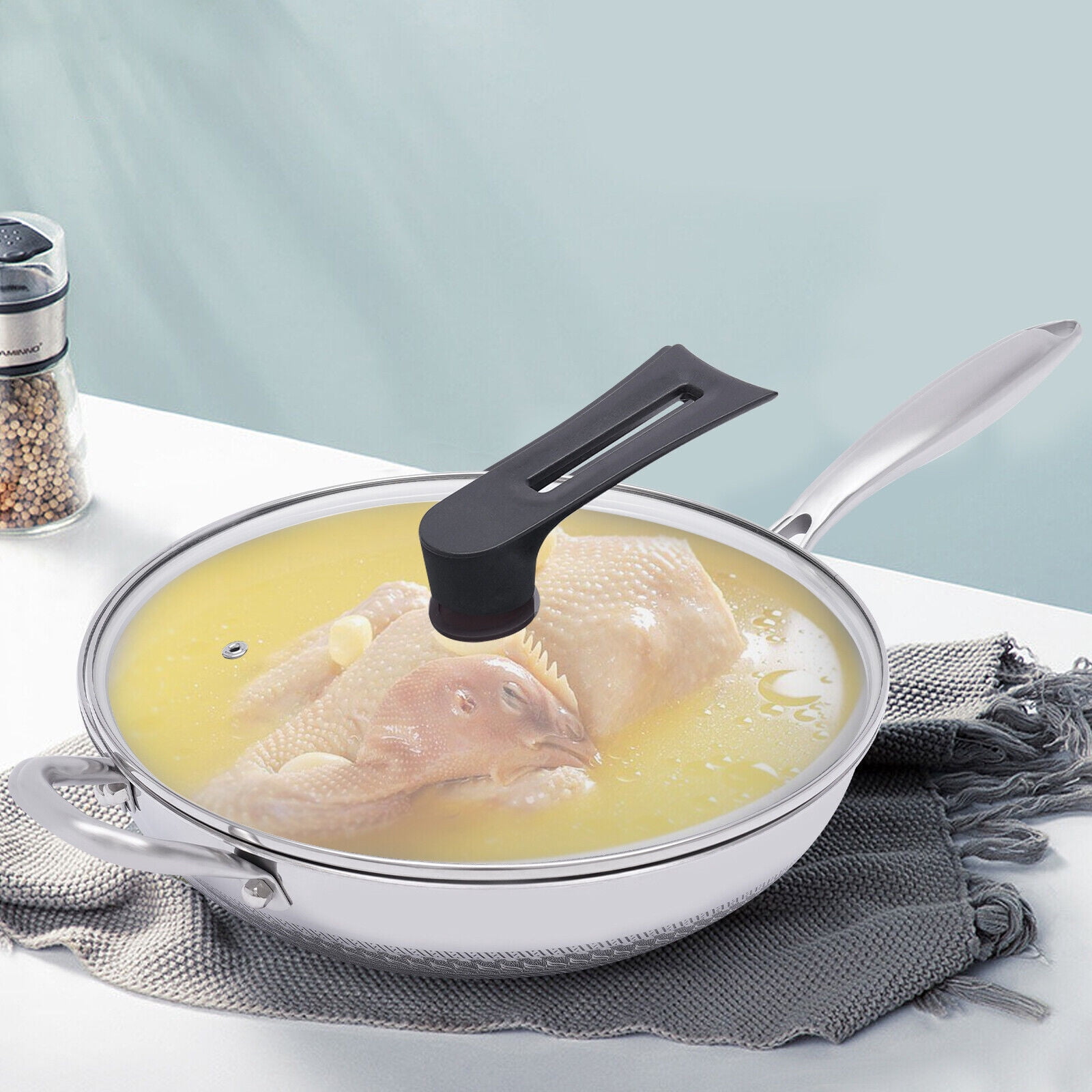Silver Non Stick Double Sided Honeycomb Cooking Frying Wok Pan with Lid Stainless Steel for Electric Stoves