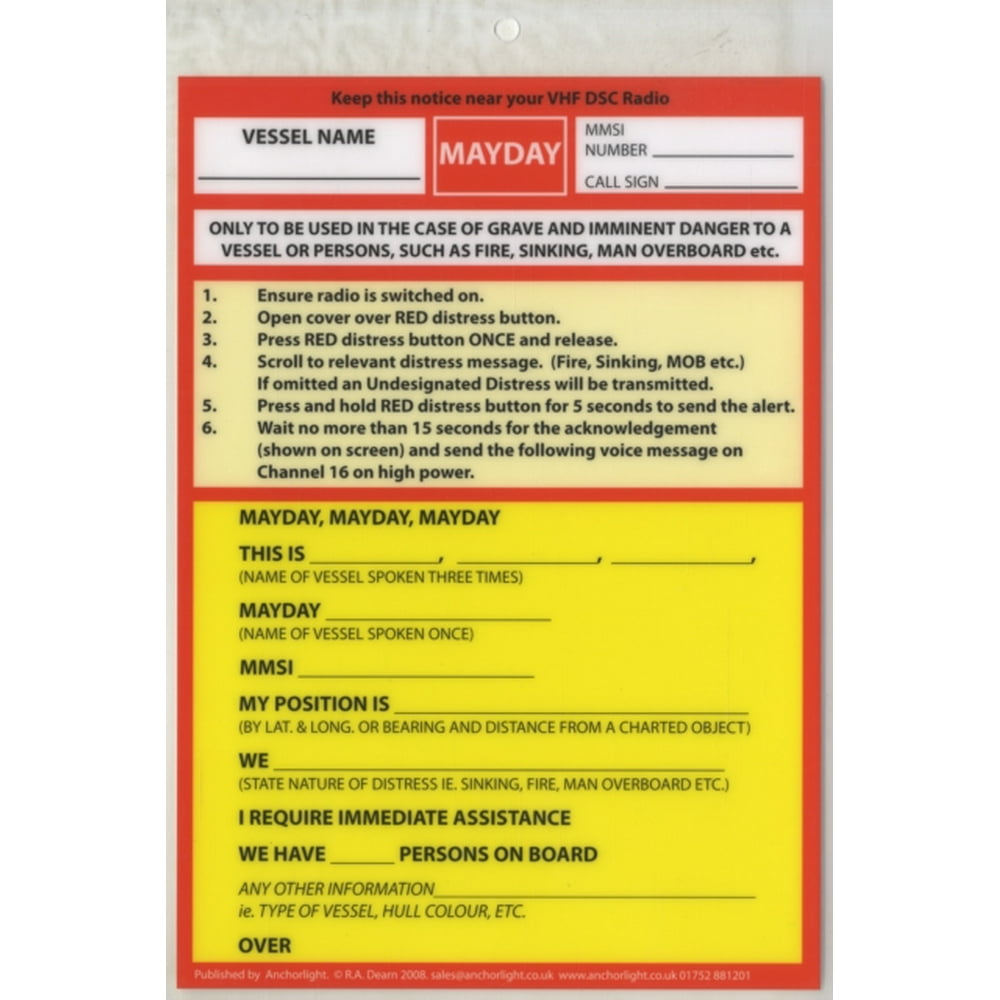 VHF DSC Mayday Procedure Card