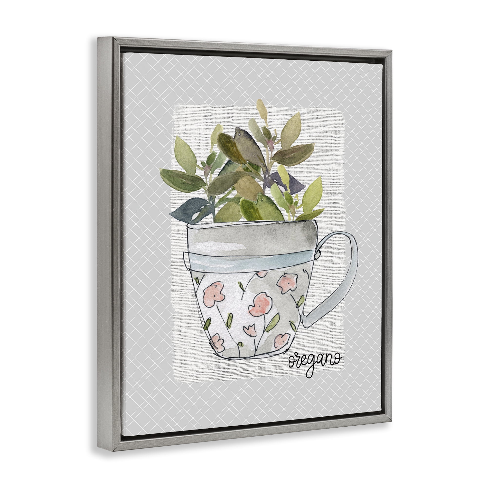 Stupell Industries Oregano Herb Mug Gray Framed Floater Canvas Wall Art, design by Livi Finn