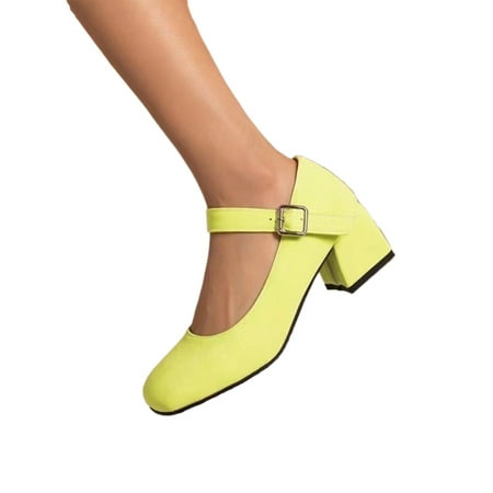

SIMANLAN Women Mary Jane Buckle Dress Shoes Square Toe Heeled Sandals Womens Elegant Pumps Ladies Chunky Yellow 4.5