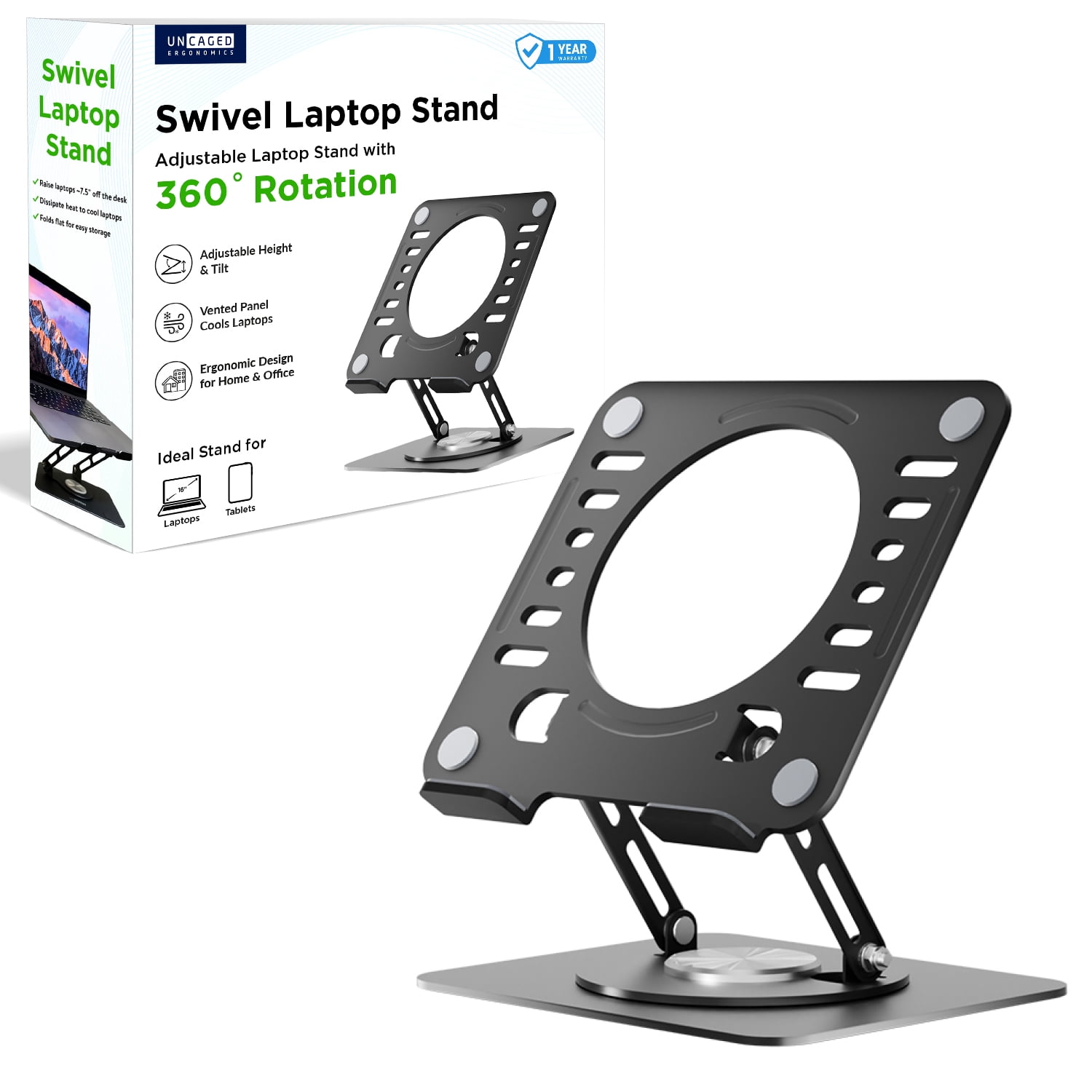 Swivel Laptop Stand for Desk – Adjustable Laptop Riser with 360° Rotation, Height & Tilt, Vented Metal Cooling Panel, Portable Folding Stand (Black)