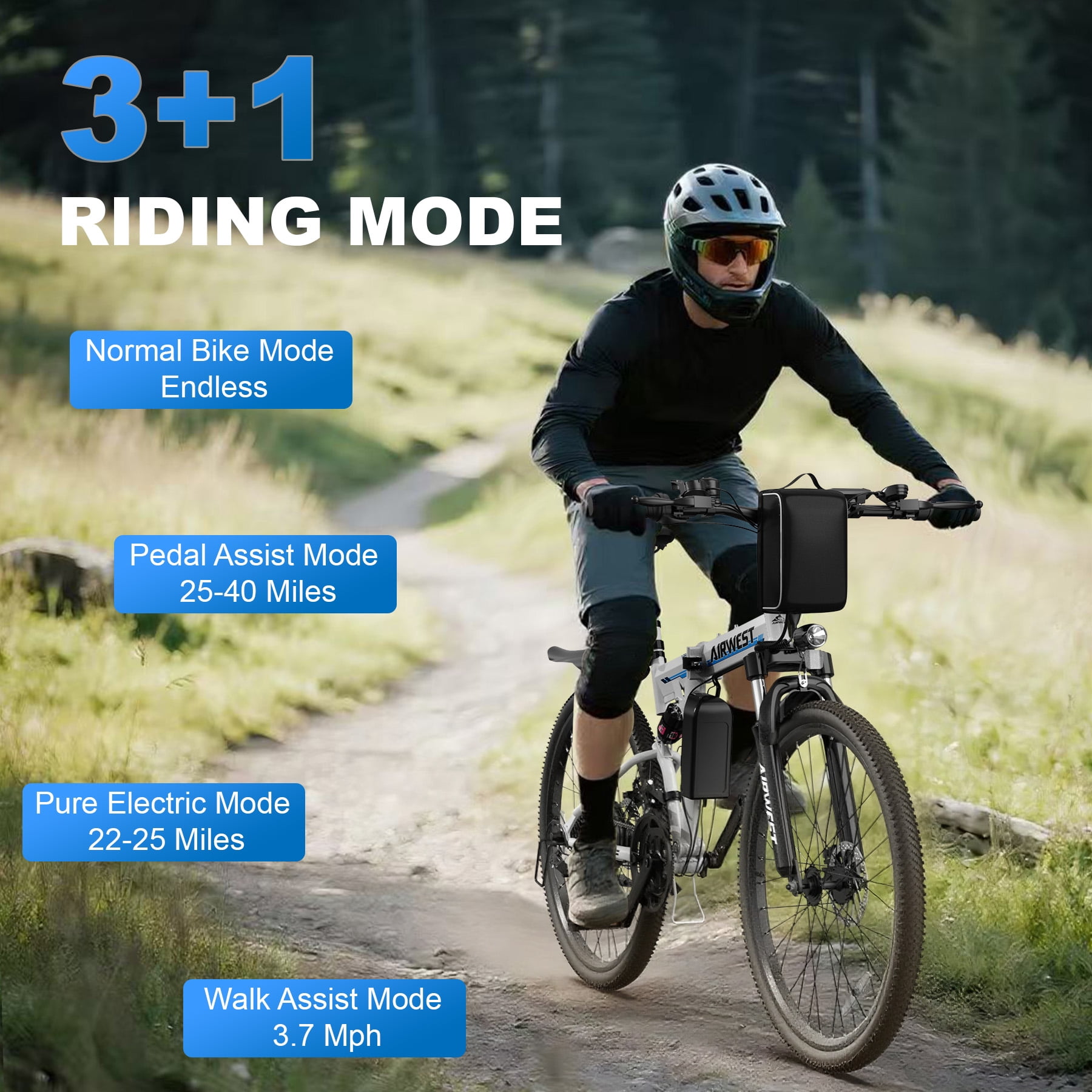 AIRWEST Electric Bike, 26'' Folding E Bike for Adults, Peak 750W Motor, 20MPH, Mountain E Bike with 48V 7.8Ah Lithium Battery, 40 Miles Range, UL2849