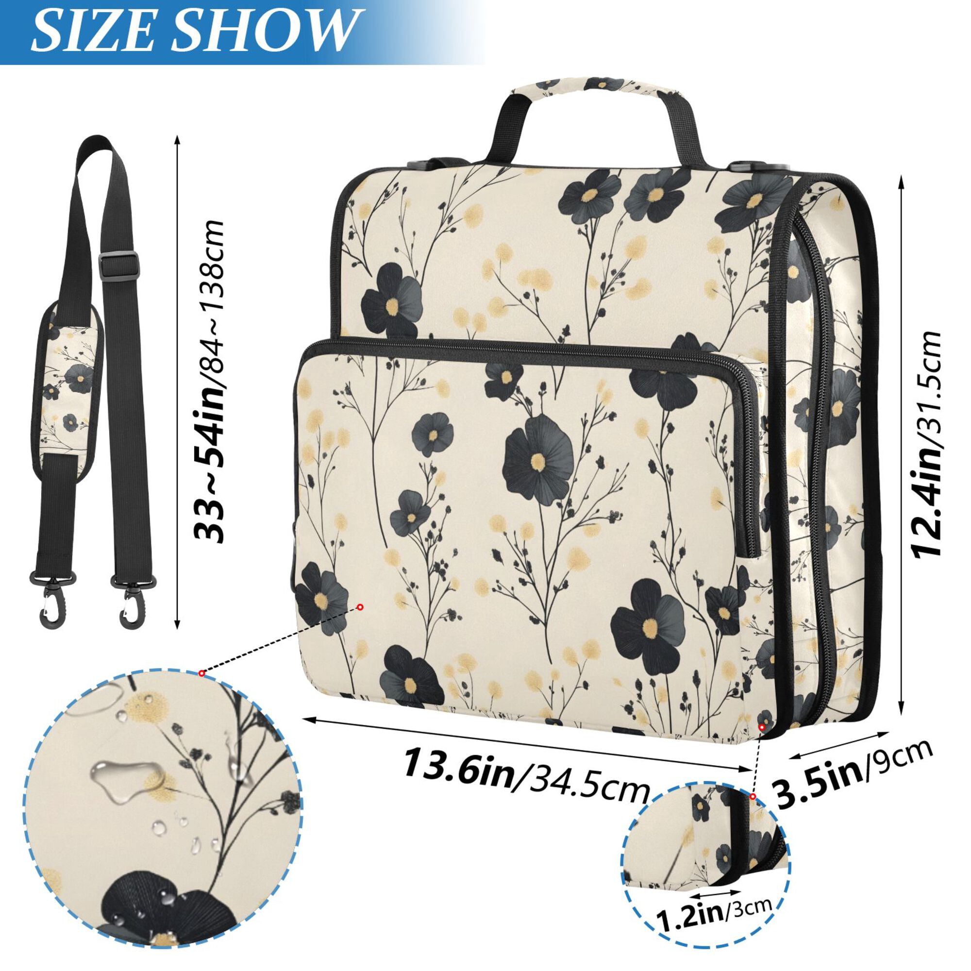 FORMRS Zipper Binder with Shoulder Strap 2-inch Ring 500 Sheet Capacity File Bag, Small Black Flowers