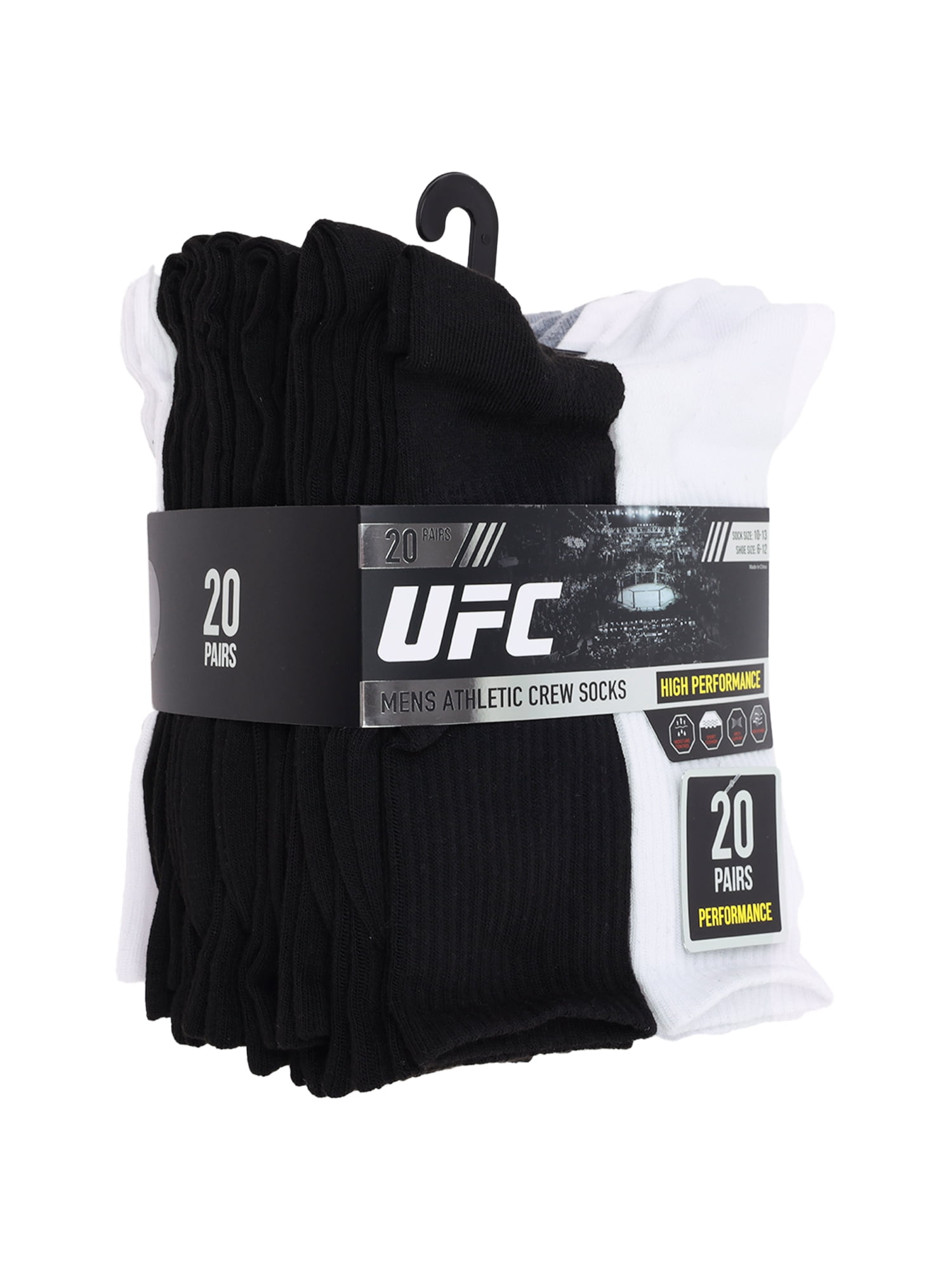UFC 20 Pair Men's Lightweight Crew Socks with Toe Logo, Blk/Wht/Grey
