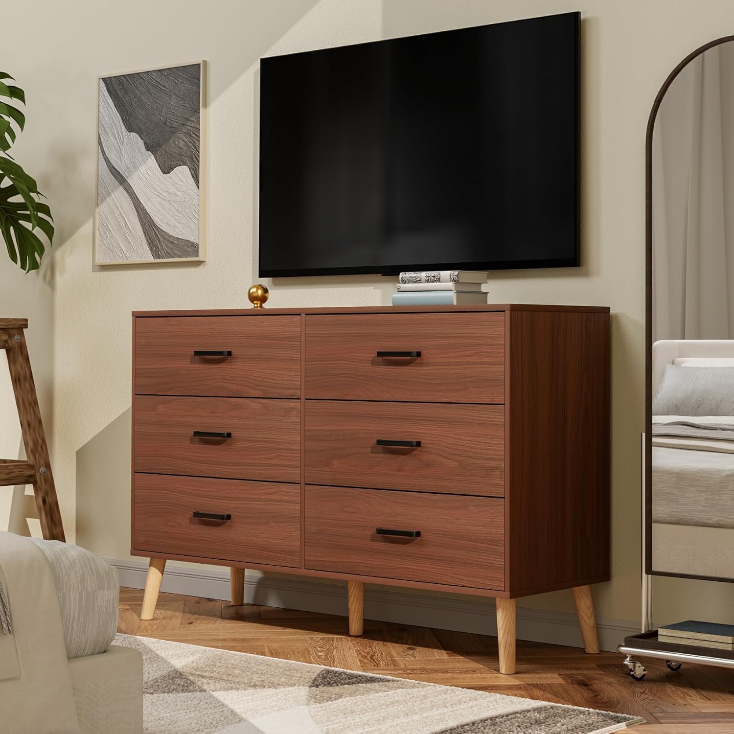 Meteorleg 6 Drawer Dresser for Bedroom, Wood Walnut Dresser with Wide Drawers and Metal Handles,Modern Dresser Chest for Bedroom,Living Room,Entryway