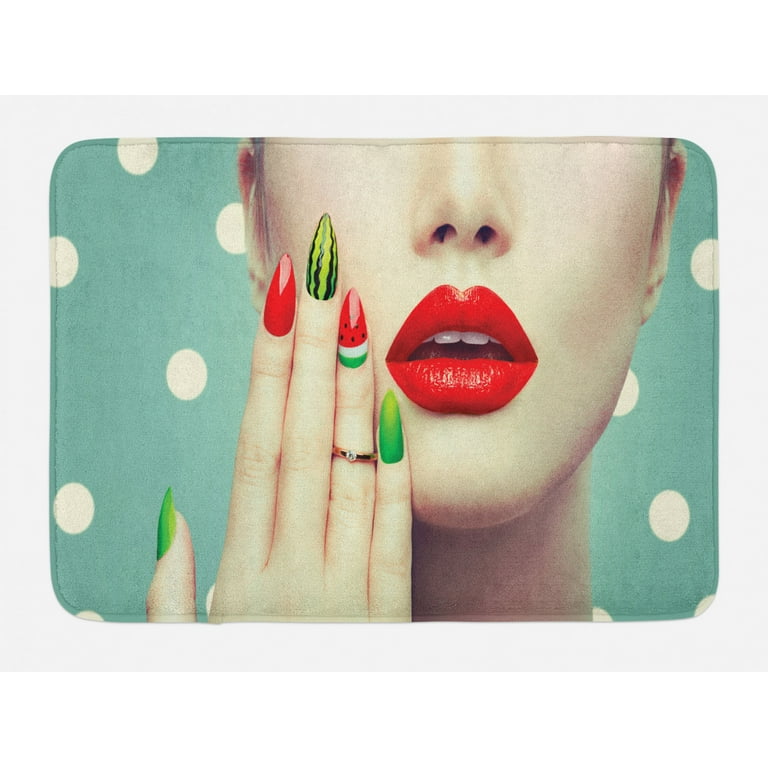 Lips Bath Mat, Lady Showing Her Watermelon Nail Art and Makeup Closeup over  Polka Dots Background, Plush Bathroom Decor Mat with Non Slip Backing,  29.5 X 17.5, Multicolor, by Ambesonne 