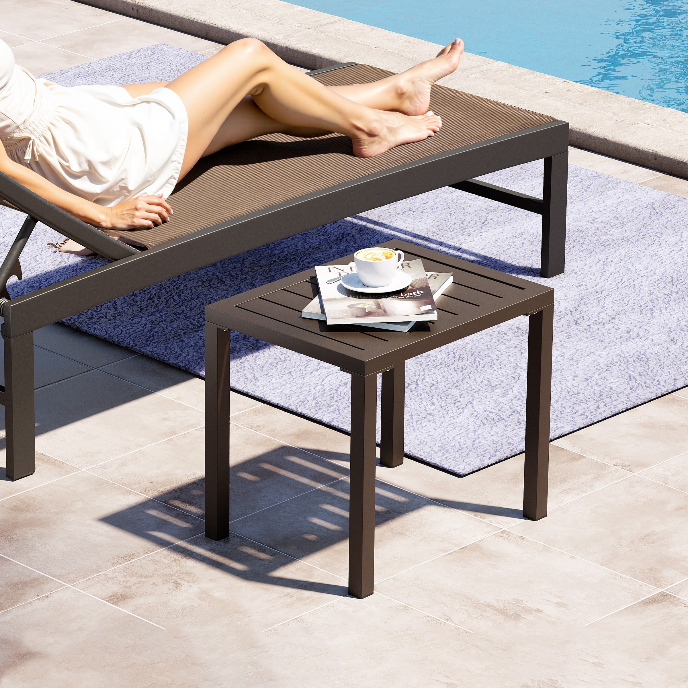 Crestlive Products Outdoor Side Table, 18" x 13.7" Aluminum Rectangular Patio End Table, All-Weather, Brown
