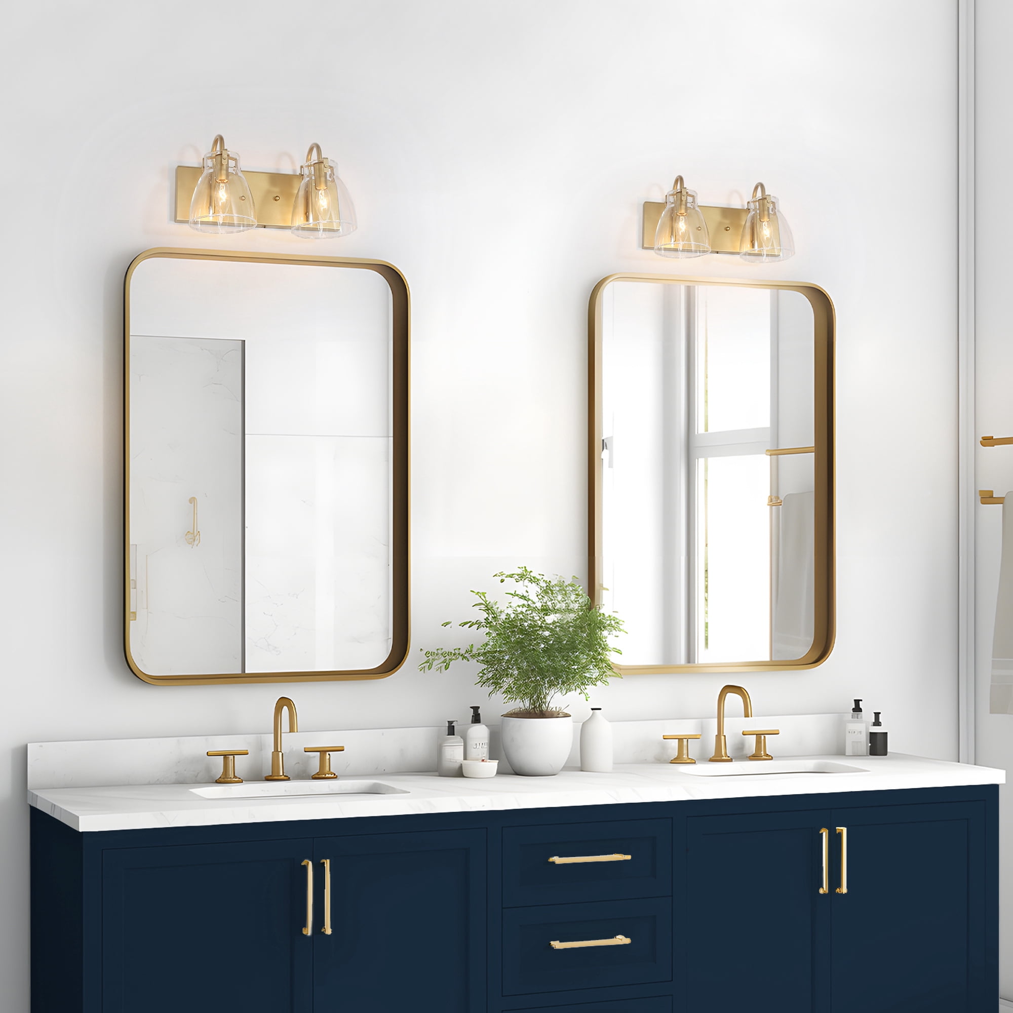LNC 2-Light Gold Cylinder Clear Glass Modern Bathroom Vanity Lighting Fixutre