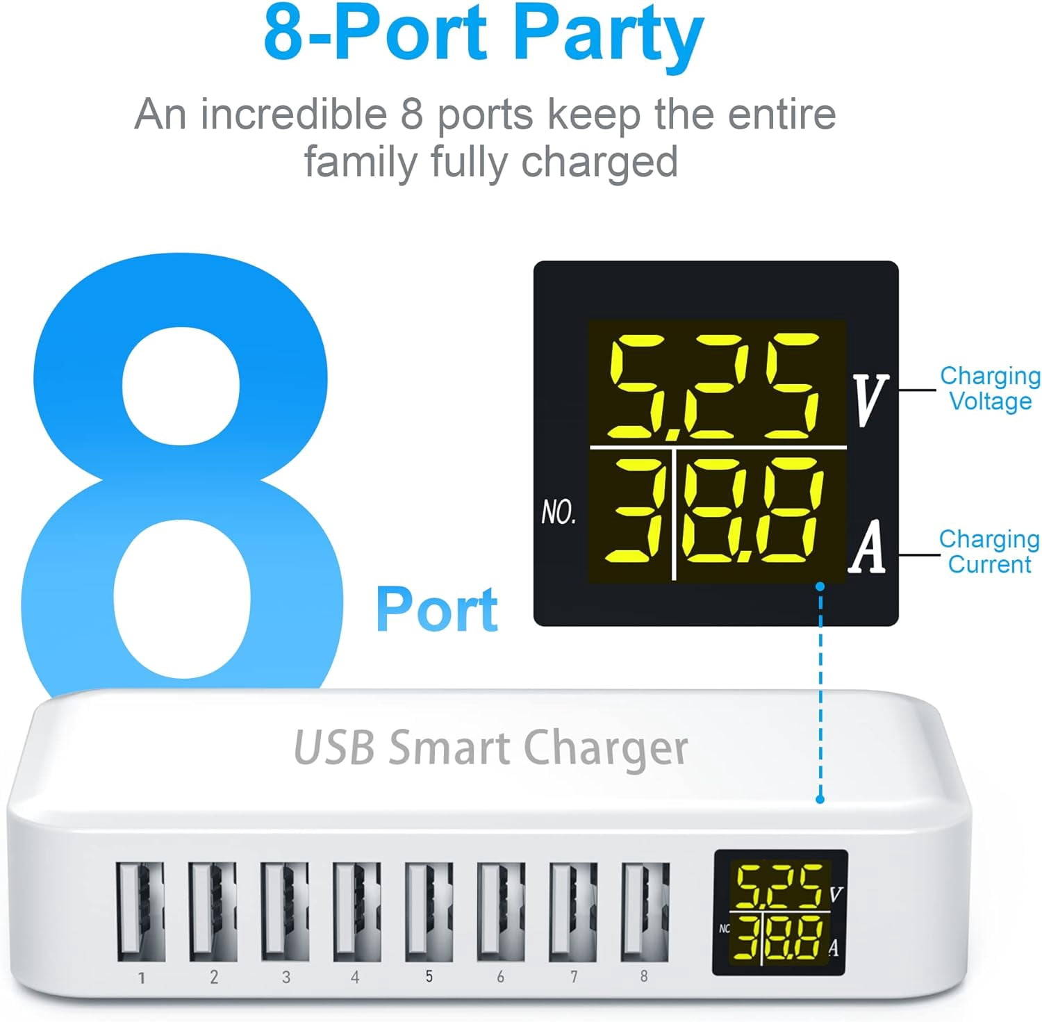 USB Charging Station,  8-Port 60W/12A USB Charger Station, Multi Ports USB-A Charging Hub with LED Display, Compact Desktop Charger for Multiple Devices, iPhone iPad Samsung Android and Tablet