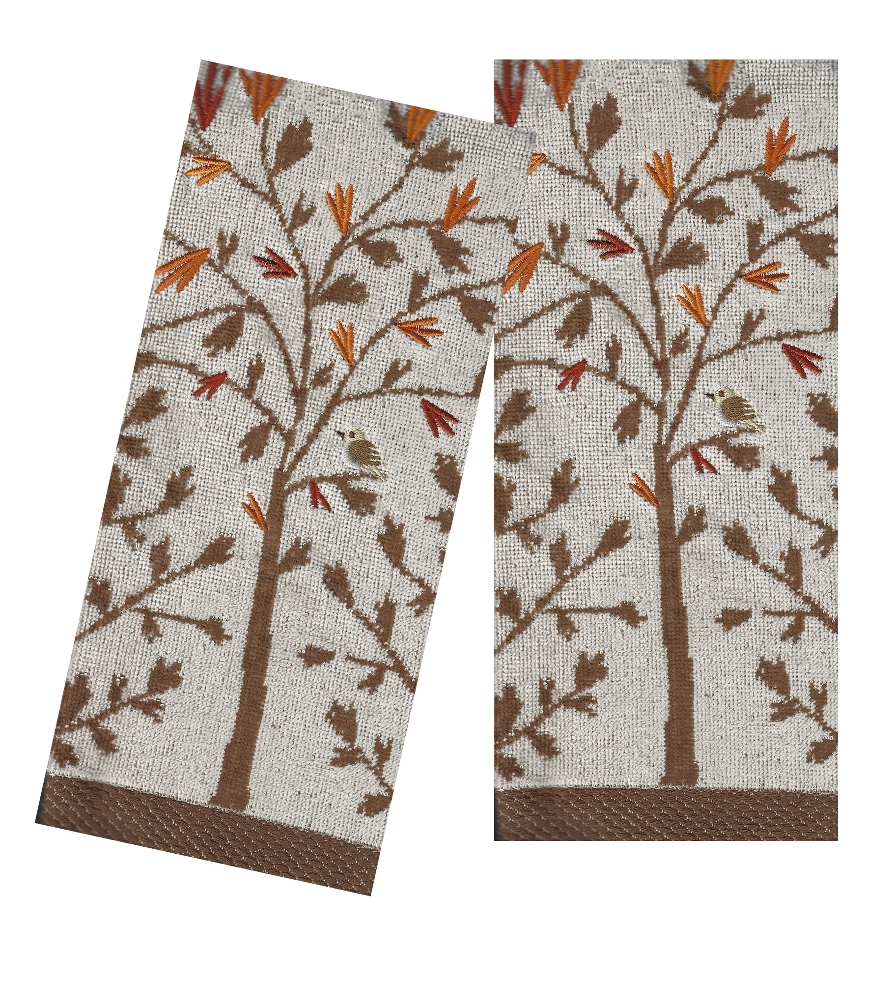 Fall Bath Hand Towels, Set of 2 Beige, Brown Tree and Leaves Celebrate