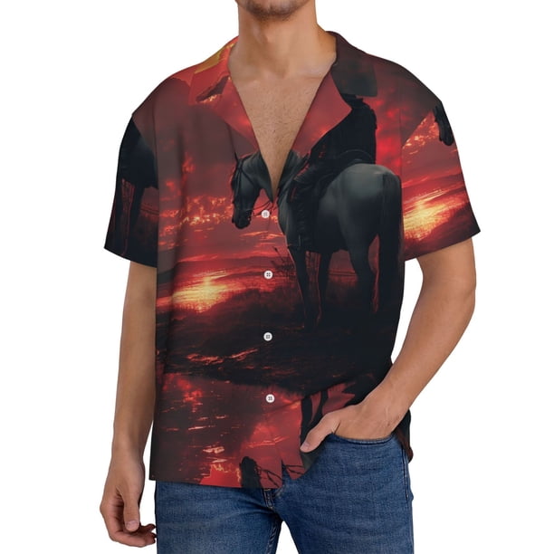 Balery Lone Rider Under Red Sky Camisa Casual de Manga Corta con Botones para Hombre, Texturizada, Estilo Cubano, para Playa, Verano-4X-Large