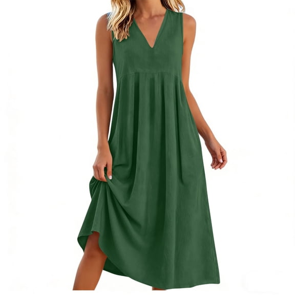 Uaswgudfs Women's Sleeveless V Neck Pocketed Midi Dress, Solid Color Loose Fit Casual Summer Dress for Daily Outings Green L