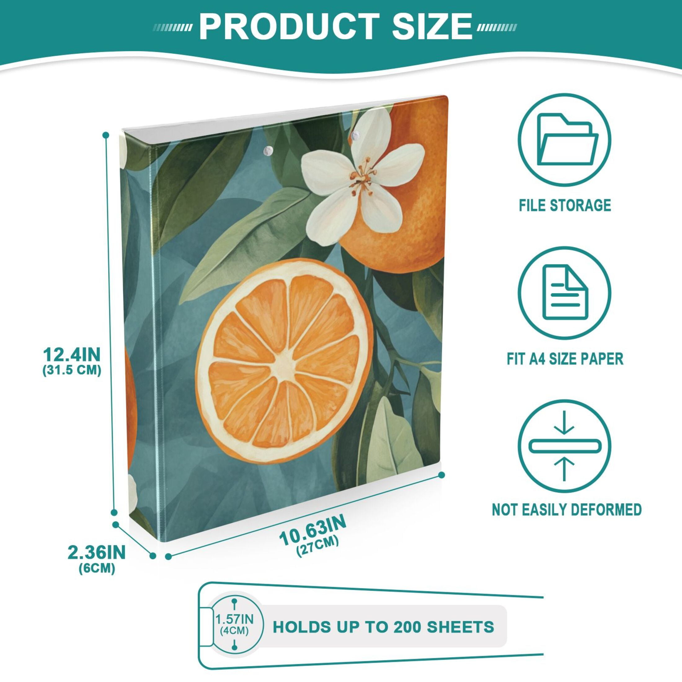 Oranges and Leaves Flowers 3 Ring Binders 1.5 inch Hardcover File Folders with Interior Pockets A4 Size Organizer for School Office Hospital