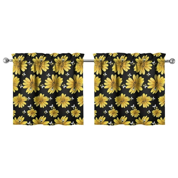 Minimalist Sunflower Design Kitchen Curtains - Semi-Sheer Floral Watercolor 2 Panel Set