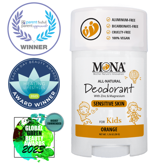 MONA Orange Natural Deodorant for Kids Preteens & Teens, Aluminum Free, Gluten and Baking Soda Free, Gentle for Sensitive Skin, Cruelty free and Vegan Kids Deodorant Stick (1.76 oz)