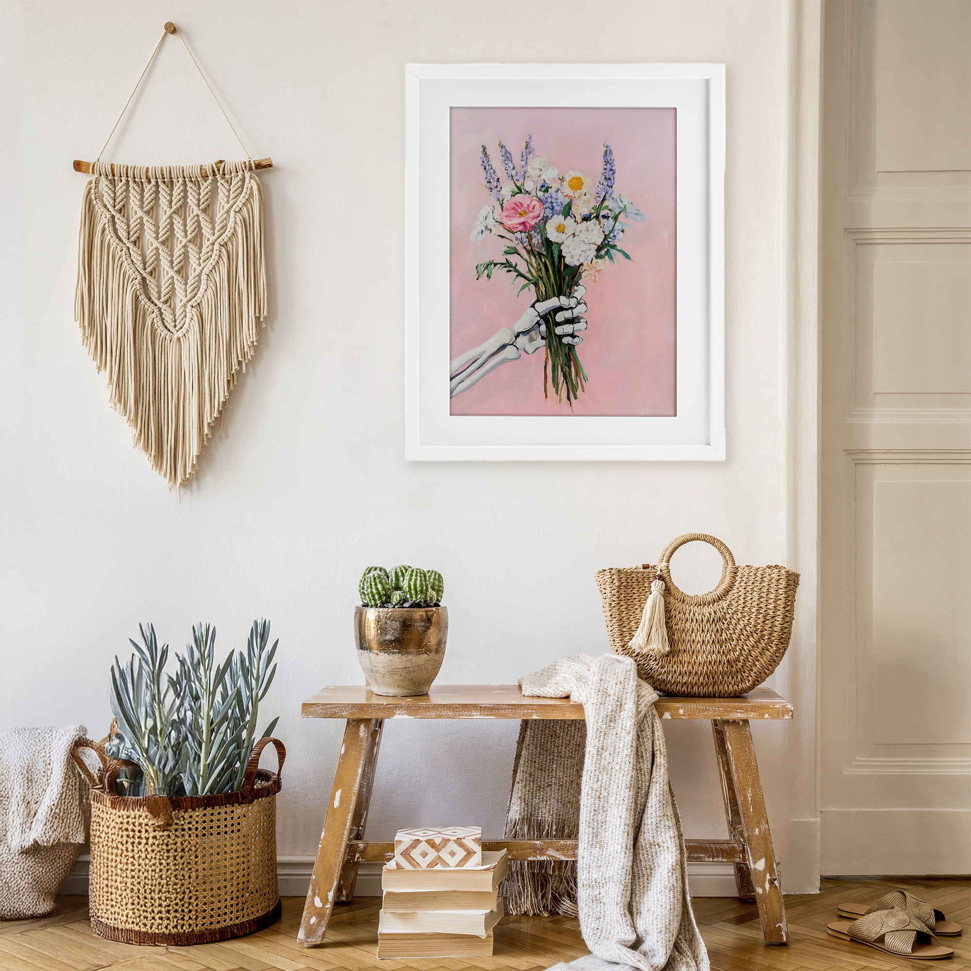 Stupell Industries Skeleton Hand Holding Flowers White Framed Print Under Glass, design by The Prints Vibe