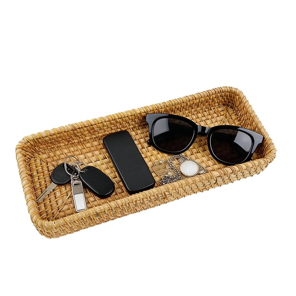 Rattan Vanity Tray and Toilet Tank Basket for Bathroom Storage Long Narrow Hand Towel Organizer (10.6 x 4.3 x 1.57 inch)