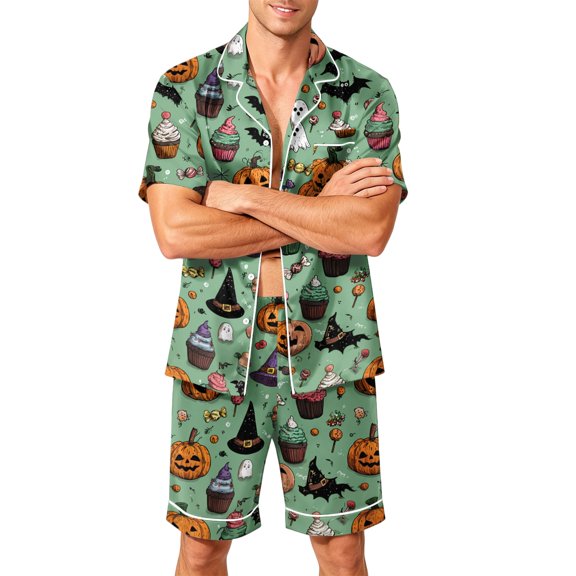 DORKASM Halloween Matching Pajamas for Men Pj Sets Bat Pumpkin Print Button Down Sleepwear Green M
