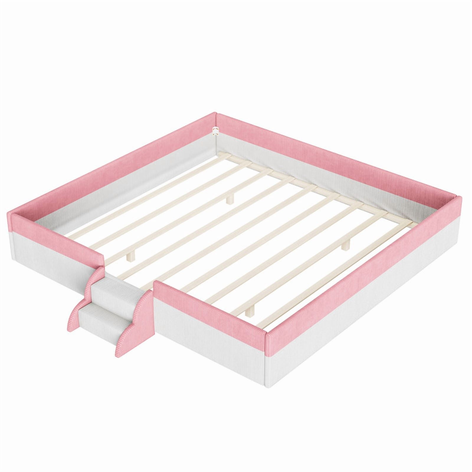 King Size Upholstered Floor Bed with Fence, 2-Tier Steps and Smart LED Lights, Corduroy Platform Bed Frame with Guardrails, Low Profile Montessori Bed for Boys Girls
