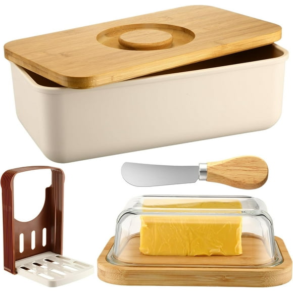 Glass Butter Dish with Lid and Knife, Bread Box with Bamboo Wood Cutting Board Lid Bread Slicer Holder Rectangular Bread Storage Container for Kitchen Countertop 14.8 x 8.3 x 5.5''(Cream)