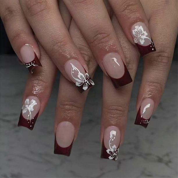 Short Acrylic Press On Nail Pink Flower Designs Stick on Nail Glossy Square False Nail Full Cover Artificial Nail Kit