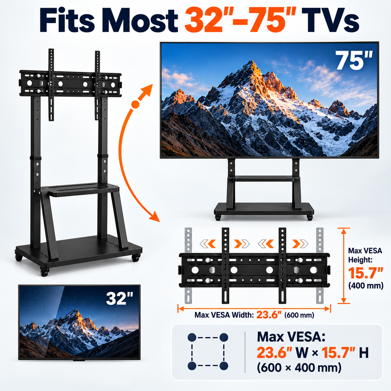 JaxSteam Height-Adjustable Rolling TV Stand for 32–75" TVs photo 4