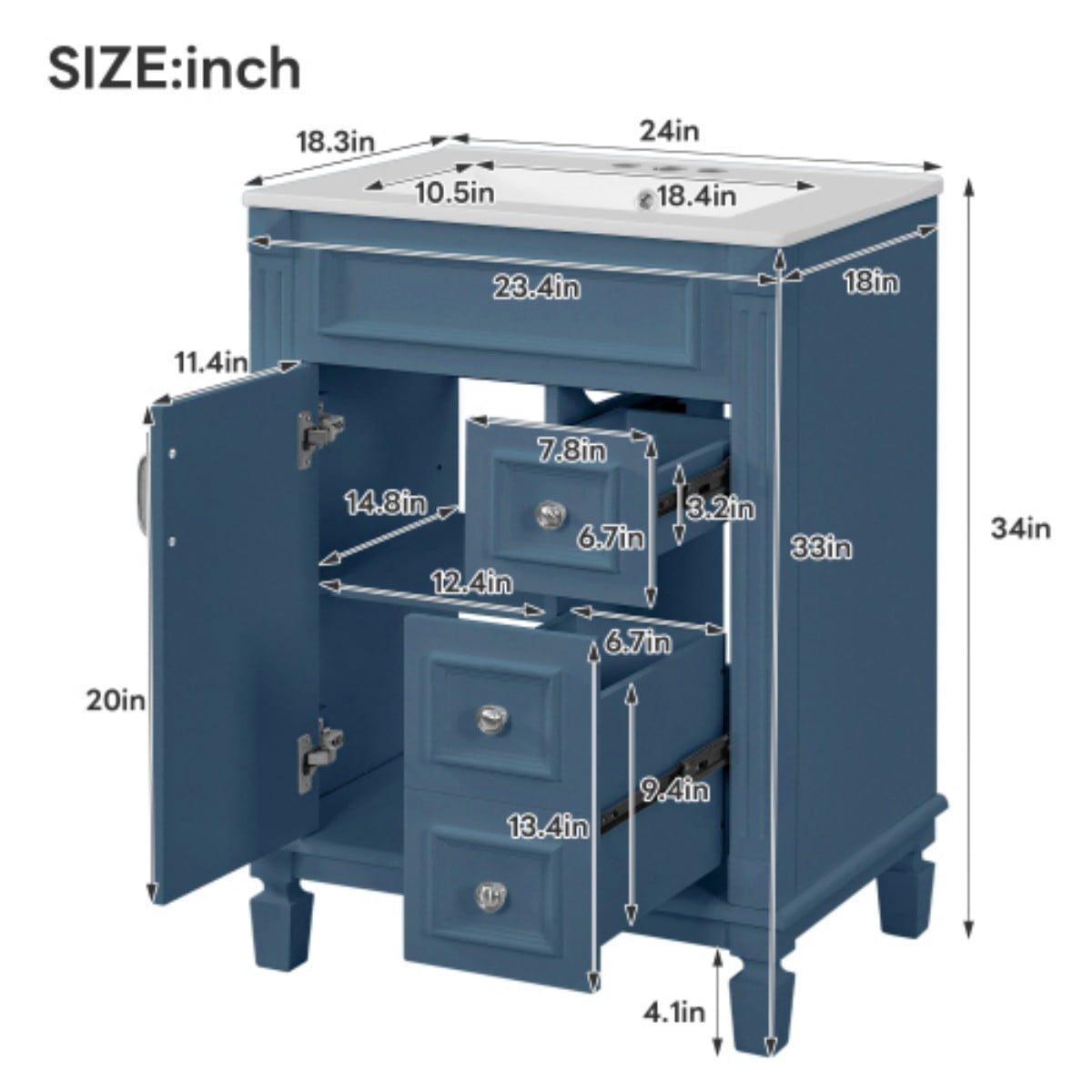 24" Bathroom Vanity with Sink, Modern French Style Bathroom Cabinet with Ceramic Sink, Small Bathroom Storage Cabinet with 2 Drawers, Adjustable Shelf, Blue