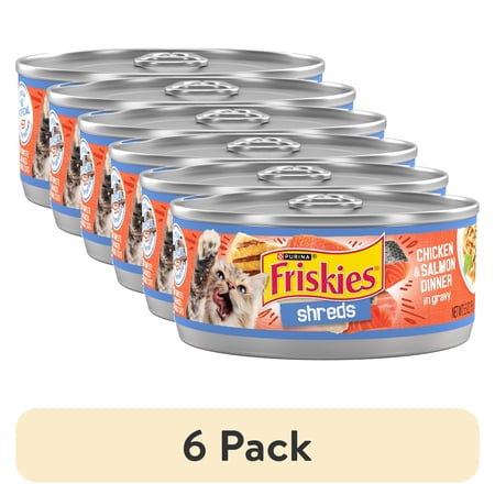 (6 pack) Purina Friskies Shreds Chicken and Salmon Dinner in Gravy Wet Cat Food 5.5 oz Can