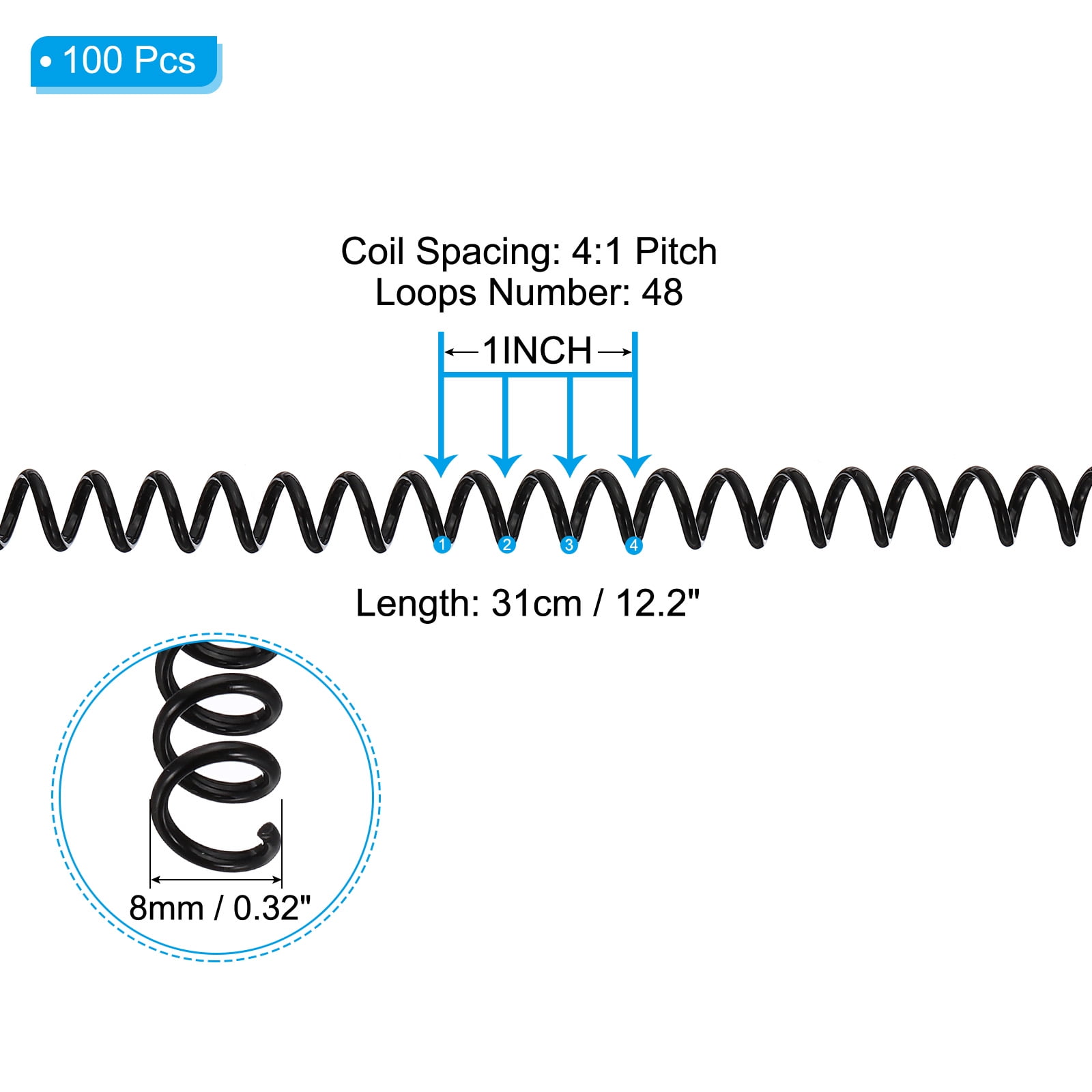 Uxcell 8mm(5/16") Plastic Spiral Binding Coils, 100 Pcs Binding Spirals 40 Sheet Capacity, Black