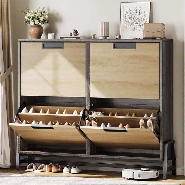 Shoe Cabinet Storage with 4 Flip Drawers, Freestanding Shoe Storage Organizer Cabinet for Entryway, Narrow Shoe Rack Cabinet with 3 Tier Adjustable Shelves for Hallway, Oak