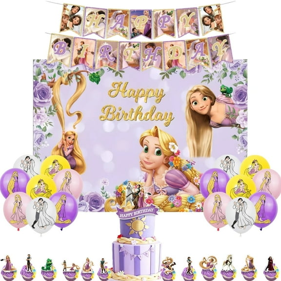 Tangled Theme Cartoon style Birthday Decoration Kits，Party Supplies Including Banner, Balloons, Cake Toppers, Cupcake Toppers，Background Flag.