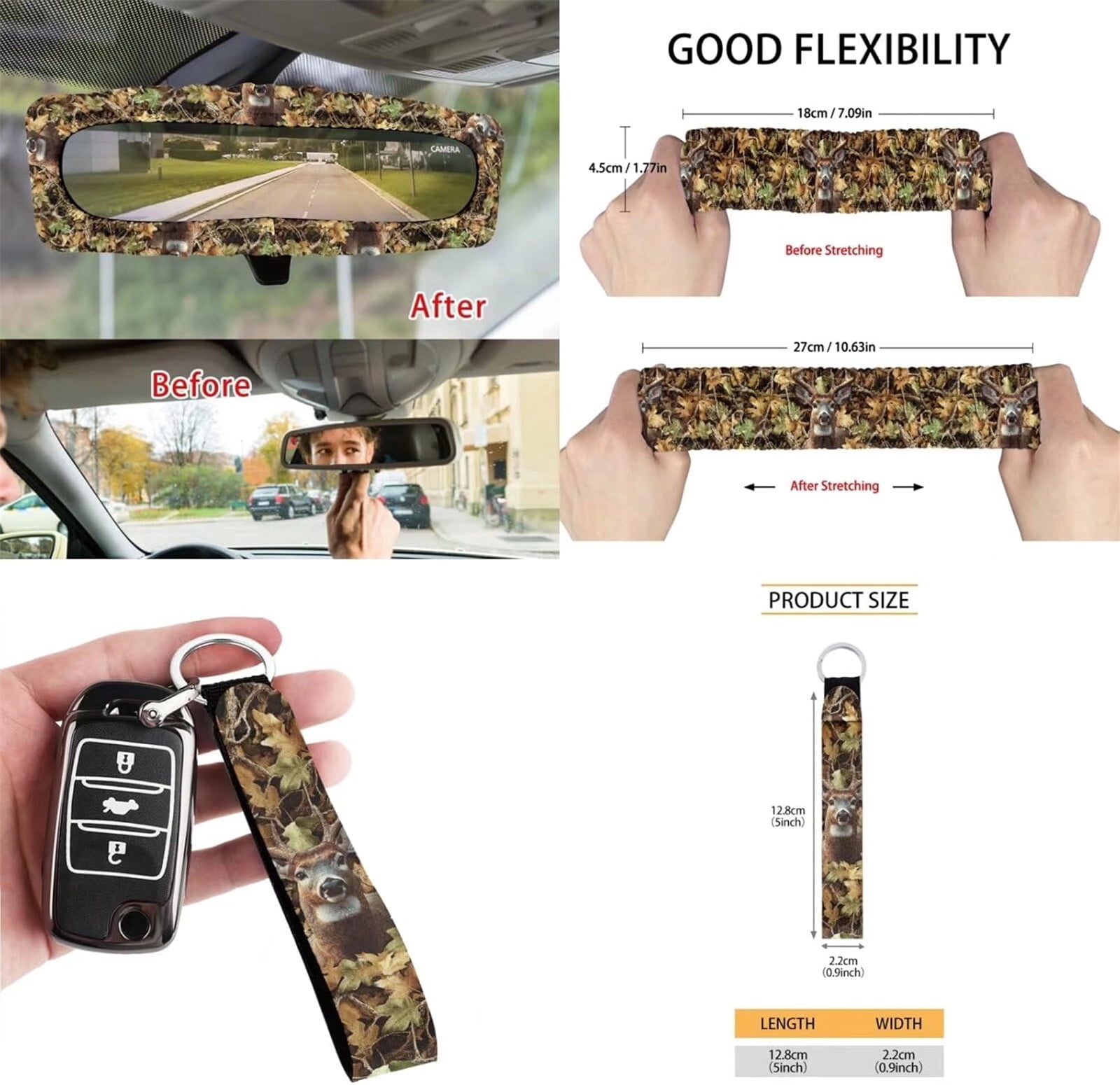 Yuyamidu Deer Car Front Seat Covers Full Set Camo Hunting Steering Wheel Cover Seat Belt Pads Armrest Cover Coasters Trash Bag Air Vent Bag Rearview Mirror Cover Keychain 12 PCS Auto Accessories