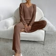 thumbnail image 4 of QATAINLAV 2 Piece Lounge Sets for Women Ribbed Knit Long Sleeve V Neck Pullover Tops Matching Wide Leg Pants Fall Winter Pajama Outfits Brown XXL Sales For Today, 4 of 9