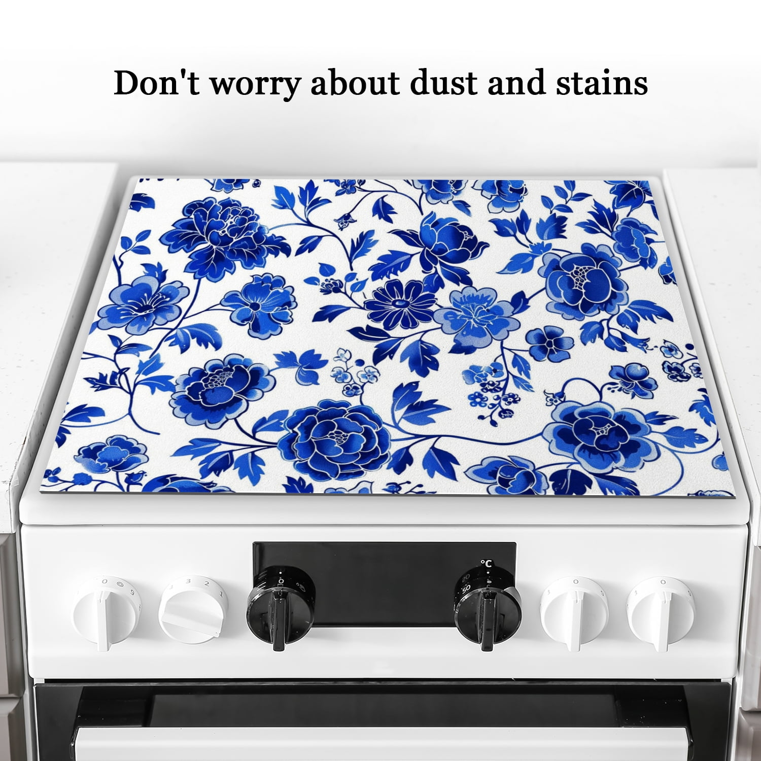 Glass Stove Top Covers for Electric Stove, Blue And White Floral Symmetrical Pattern Stovetop Covers, Square Scratch-Resistant Mat for Kitchen RV (28×20 Inch)