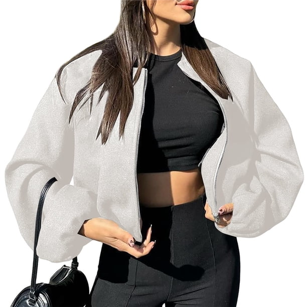 Chaqueta Corta Informal con Cremallera para Mujer, Estilo Universitario, Abrigos de Moda con Bolsillos de Ribete Crema XS