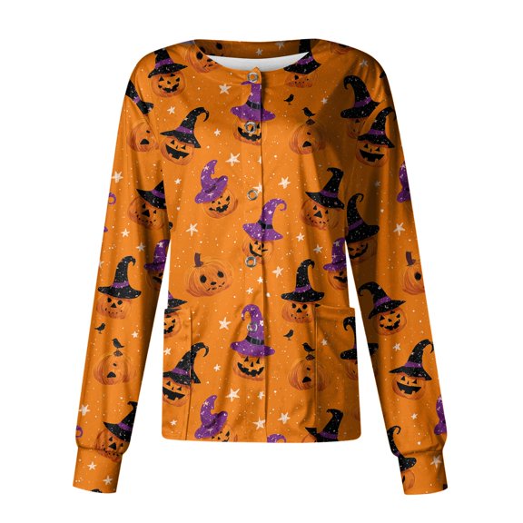 Domzest Women's Halloween Scrub Jacket Pumpkin Ghost Bat Graphic Button Front Scrub Top Funny Long Sleeve Nurse Working Uniform Orange 5XL